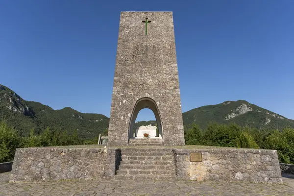 stock image Sant'Anna di Stazzema, Italy - Jul 16 2024: the Memorial Ossuary monument to the victims of the Nazi-fascist massacre located on Col di Cava above the village
