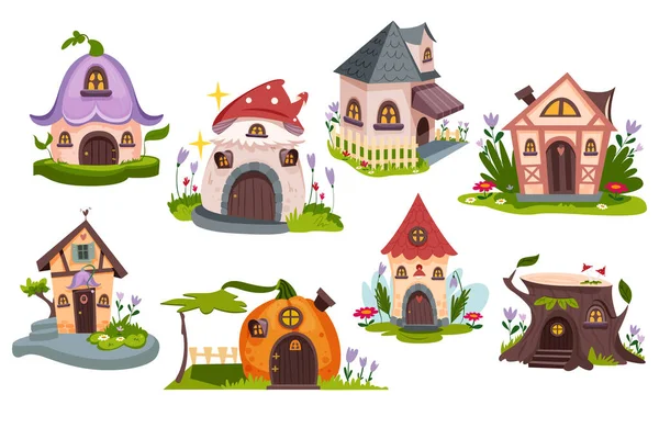 Παραμύθια Κινούμενα Σχέδια Χαριτωμένες Κατοικίες Κτίρια Σύνολο Gnome Νάνος Ξωτικό — Διανυσματικό Αρχείο