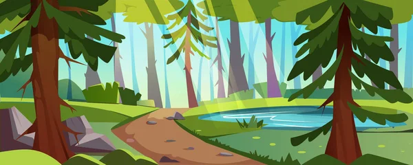 森林景观 树木和灌木丛 绿草和石路 有湖泊 人行道和阳光的自然景观 夏季自然公园的矢量卡通画 — 图库矢量图片
