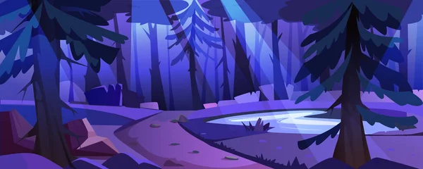 森林景观 灌木丛 人行道 月光下的石头 夜晚的自然景观与湖泊 路径和月光 带沼泽地和水的黑暗自然公园的矢量卡通画 — 图库矢量图片