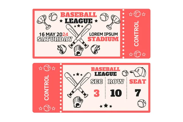 Entry tickets to championship baseball or softball. Design template at game tournament. Paper coupons for sport competition with play ball, bat and mitt. Stadium entrance pass vector illustration.