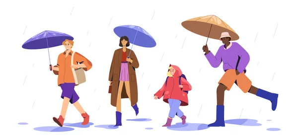 一群身披雨伞在水坑中行走的多文化人群 多姿多彩的年轻人 女人和快乐的孩子在暴雨中 市区街道雨季有雨 — 图库矢量图片