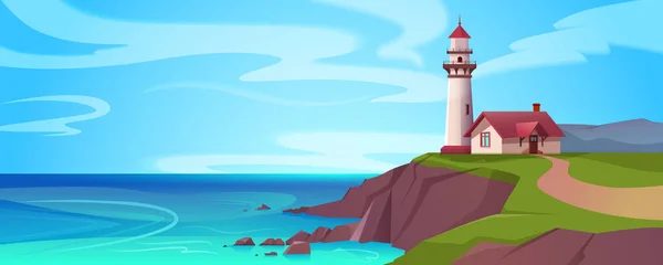 Karikatur Meeresküste Mit Leuchtturm Leuchtturm Der Küste Küstenlandschaft Mit Leuchtturm — Stockvektor