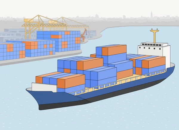 화물선 항구로 물품을 운송하고 있습니다 상업용 컨테이너와 기중기가 유조선 사업을 — 스톡 벡터