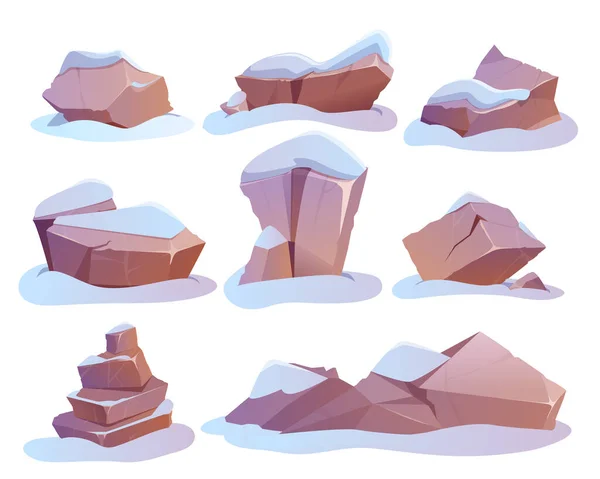 Set Cartoni Animati Pietre Massi Con Cumulo Neve Blocchi Granito — Vettoriale Stock