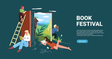 Kitap festivali afişi. Mutlu yüzlü edebiyat okuyan düz ergen karakterlerin vektör iniş sayfası. Çizgi film, kütüphanede öğrenen öğrencilerle ilgileniyor. Kitapçıda kitap okuyan gençler.