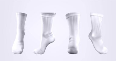 Beyaz arka planda gölgesi olan üç boyutlu gerçekçi uzun çoraplar. Baldırın ortasındaki Sox kıyafetleri. Futbol ya da basketbol oynamak için şablon maketi..