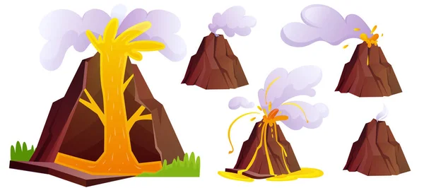 矢量卡通集火山喷发阶段 天然火山喷发时 火山灰 炽热的熔岩 火和烟云 具有流动岩浆和在白色背景上隔绝的火山口的山地岩石山 — 图库矢量图片