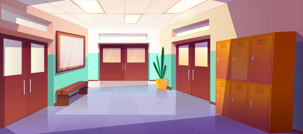 Vector cartoon school hallway interior with metal lockers, ceiling lights, bench and bulletin board on wall. Empty university or college corridor with closed classroom doors and plant on floor.