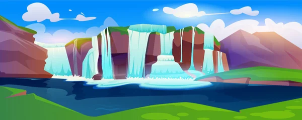 Dschungel Cartoon Landschaft Mit Wasserfall Tropische Naturkulisse Mit Einer Kaskade — Stockvektor