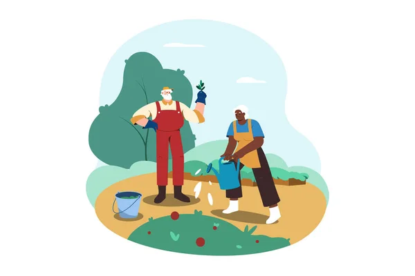 Flat happy senior man and woman gardening. Grandparents planting and watering plants. Retired gardeners in garden. Recreation, leisure activities, active lifestyle or hobby of age people in retirement