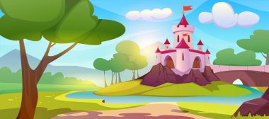 Tepedeki pembe, sihirli prenses şatosu. Peri masalı krallığının yaz manzarası, sularla çevrili ortaçağ sarayı, yeşil ağaçlar, tarla ve kraliyet şatosuna giden yol ile köprü..