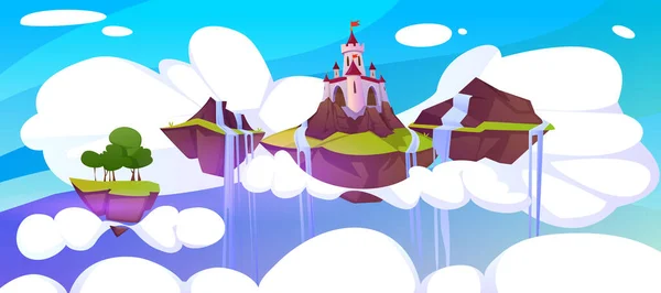 Cartoon magic pink castle and waterfall on floating island. Summer landscape of fairy tale kingdom, medieval royal palace with turrets flying in blue sky with clouds, water, green trees and field.