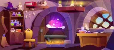 Cartoon witch house with big cauldron, broom for flying and hat. Interior of wizard or sorceress room in medieval castle with magic bottles, candles and shelves with potions, books and skull.