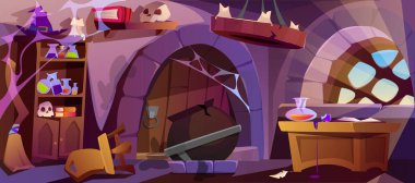 Cartoon abandoned witch house with broken furniture and crushed cauldron. Interior of wizard or empty sorceress room in medieval castle with spider webs, broomstick, hat and stuff for magic.