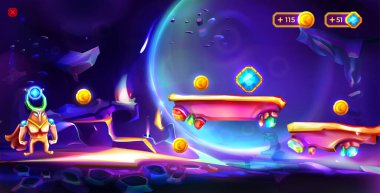 Platformlarla, astronotlarla, kristal bonuslarla veya varlıklarla çizgi film kozmik oyunu. Uzay adamı ile uzay arka planı, gökyüzünde gezegenleri ve aşamaları olan uzaylı manzarası. Kozmonotla Gui fütüristik macera.