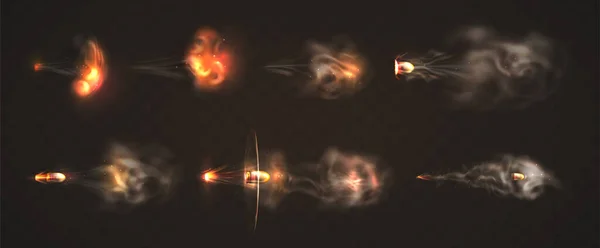 Balles Volantes Réalistes Avec Trace Fumée Pistolet Clignote Avec Des — Image vectorielle