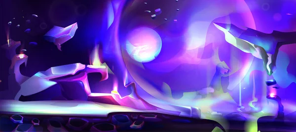 矢量卡通画的宇宙和外星人的星球表面岩石和闪亮的晶体 背景为紫色星空 月亮和明亮的裂缝 电脑游戏背景 — 图库矢量图片