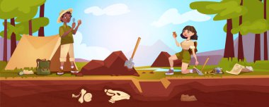 Çizgi film arkeologları büyüteçle, fırçayla ya da dinozorların fosil iskelet kemikleriyle eserleri araştırıyorlar. Paleontolog karakterler kum kazıyor, kazı küreği ve loupa ile araştırma yapıyor..