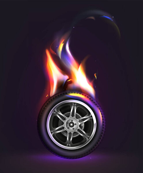 Vector 3d realistic car wheel on fire. Black tire in orange flames and sparks isolated on dark background. Burning automobile tyre in front view.