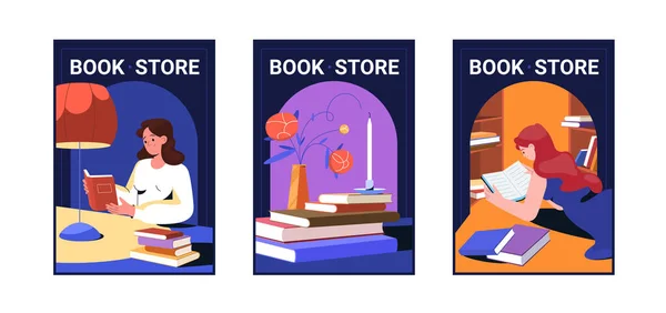 Banderas Librería Con Lectura Mujer Joven Pila Libros Volantes Publicitarios — Vector de stock