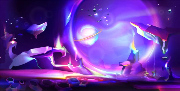 矢量卡通画的宇宙和外星人的星球表面岩石和闪亮的晶体 背景为紫色星空 月亮和明亮的裂缝 电脑游戏背景 — 图库矢量图片