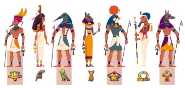 Eski Mısır tanrıları ve tanrıçaları. Mısır mitolojisinin düz karakterleri, efsanevi Kahire heykelleri. Ra, Bastet, Maat, Thoth, Anubis ve Ptah beyaz arka planda izole edilmiş dini sembollerle.