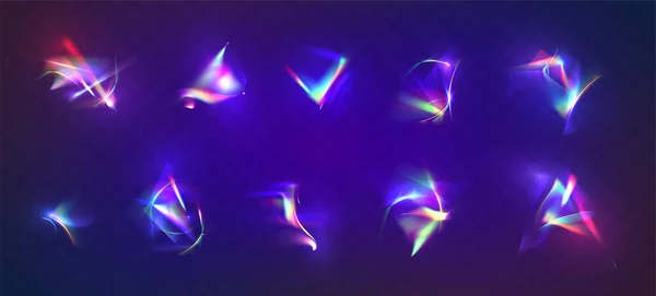 Reflejo Luz Prisma Diamante Lente Conjunto Realista Brillantes Destellos Iridiscentes — Vector de stock