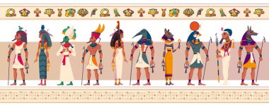 Eski Mısır tanrıları ve tanrıçaları. Mısır mitolojisinin düz karakterleri, efsanevi Kahire heykelleri. Ra, Bastet, Maat, Thoth, Anubis ve Geb beyaz arka planda izole edilmiş dini sembollerle.