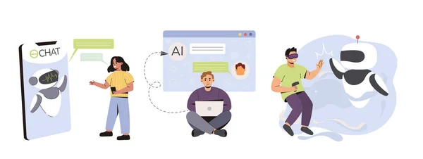 在电子设备上与聊天机器人进行在线交流 查波特技术虚拟现实和人工智能使用Ai技术帮助 支持和回答问题的平面字符 — 图库矢量图片