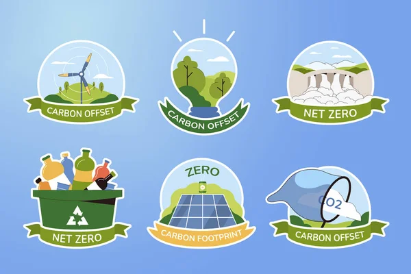 Establezca Iconos Cero Neto Huella Carbono Pegatinas Desarrollo Sostenible Energía — Archivo Imágenes Vectoriales