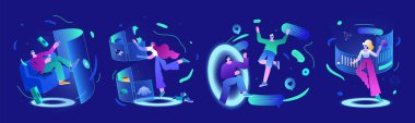 Metaverse oyun teknisyen çizimi. İnsanlar oyun, öğrenme ve alışveriş için sanal gerçeklik gözlüğü kullanıyor. Fütüristik arayüz üç boyutlu hologram verilerinde kadın ve erkek. Gelecekteki yenilikler, VR iletişimi.