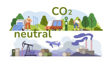 CO2 nötr, ekolojik denge kavramı. İnsanlar karbon tarafsızlığının korunmasına yardım ediyor, fabrikalardan ve sanayiden gelen hava kirliliğini telafi ediyorlar. Karakterler atmosferi dumandan korur ve çevreye olan emisyonları azaltır.