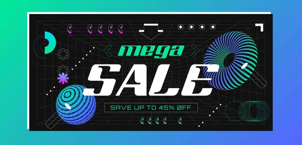 Retrofuturistic Sale Banner Abstract Wireframes Geometry Objects Line Grid Futuristic — Stock Vector
