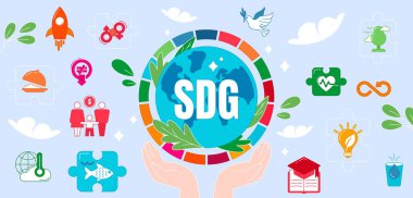 Birleşmiş Milletler tarafından sürdürülebilir kalkınma hedeflerinin düz simgeleri. Mavi arkaplanda SDG işaretleri var. Gezegeni kurtarmak, yaşamı iyileştirmek ve dünyadaki sosyal sorunları çözmek için küresel sosyal hedefler.