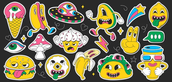 Sticker Groovy Bande Dessinée Psychédélique Serti Éléments Surréalistes Rétro Personnages — Image vectorielle