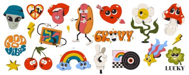 Komik komik karakterli eski renkli çıkartmalar. 70 'lerin modası geçmiş hippi modası. Psikedelik tasarım elementleri. Çizgi film gökkuşağı, çiçek, kalp, gökkuşağı, barış, kiraz, uzaylı ve mantar.