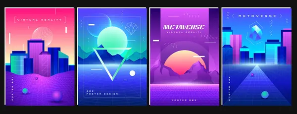 Retro Futuristic Space Posters Synthwave Background Retrowave Flyers Perspective Grid — Stock Vector