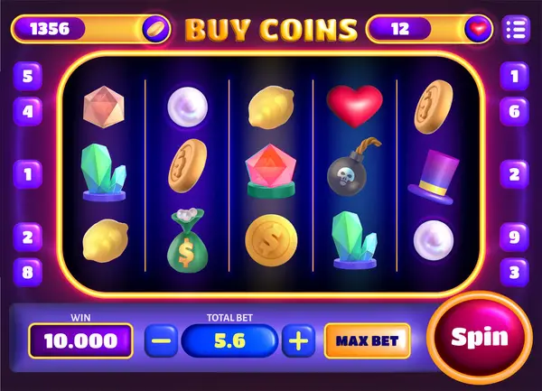 Casino Slots Gameplay Hoofdscherm Gokken Iconen Cartoon Elementen Knoppen Set — Stockvector