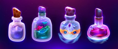 Mantarlı cam şişelerdeki sihirli iksirler. Oyun destekleri çizgi film vektör seti. Sıvı zehir ya da karanlık arka planda büyücülük aksesuarları. Yaşam iksiri, simya şişeleri farklı renkler, içinde madde.