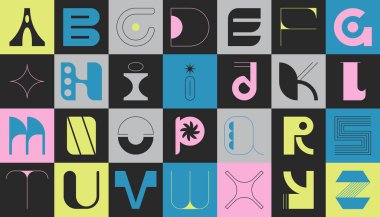 Brutalism modern font type. Aesthetics latin alphabet in brutal style. Geometric capital letters of eclectic shapes, abstract symbols or simple art elements in square for cover design. clipart