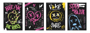 Sprey boyalı kafatası, kalp işareti, hayalet ve gülen surat emojisi olan grafiti posterleri. Sokak sanat kapakları, damlalar, mürekkep damlaları, elinde yüzler, siyah arka planda çizim tarzı. Şehir tasarımı