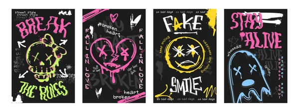 Sprey boyalı kafatası, kalp işareti, hayalet ve gülen surat emojisi olan grafiti posterleri. Sokak sanat kapakları, damlalar, mürekkep damlaları, elinde yüzler, siyah arka planda çizim tarzı. Şehir tasarımı