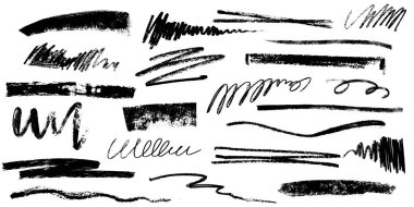 Hand drawn charcoal pencil lines, smears and squiggles set. Scribble black strokes, curly scribbles. Grungy graphite pen art brushes, textured doodle freehand chalk drawing line stripes and waves. clipart