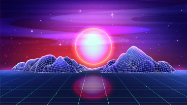 Neon gün batımlı, geçmişe dönük fütüristik manzara, yıldız gökyüzü, kablo çerçeveli dağlar. Buhar dalgası veya sentetik dalga tarzı lazer ızgara perspektifli 80 'lerin bilimkurgu matris manzarasının vektör çizimi