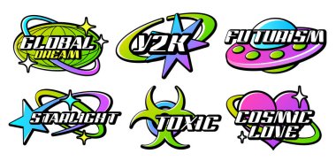 Retro Y2K logosu. Gömlek ve sokak kıyafetleri için asitli renkli harf logoları. Etiketler, rozetler, slogan tipografi vektör ikonu tasarımı, yıldız, kalp, gezegen yeryüzü. Gelecekçi elementler.