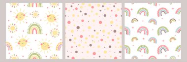 Gülümseyen güneş, gökkuşağı ve cinsiyet ayrımı olmayan noktalarla şirin bebek boho deseni. Çocuk odası için İskandinav tarzı duvar resimleri bastırma kartları. Çocuk odası dekor vektörü seti.