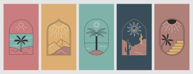 Avuç içi, deniz plajı ve güneş bohem tarzında en az çizgisel bohem amblemi olan vektör. Kaktüs, kumlu çöl, dağlar ve tropikal ağaçlarla seyahat eden logolar. Modern yaz ve tatil rozetleri