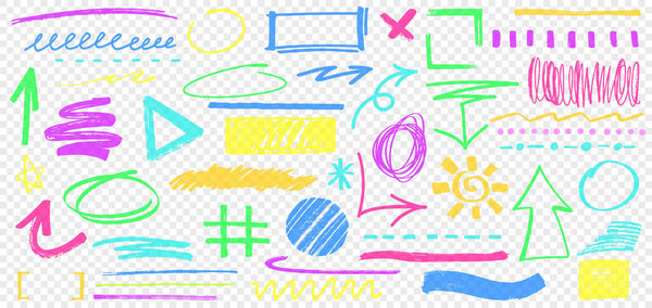 Set of hand drawn colorful highlighter set. Highlight marker underline strokes, marks, stripes, arrows, circles and scribbles isolated on transparent background. Vector paint brush pen design elements