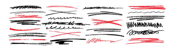Ручной разворот гранжа, подчёркивание угля, каракули и штрихи. Красный и черный карандаши выделяют линии, мел извивается, маркеры кресты изолированы на белом фоне. Векторные элементы дудла.